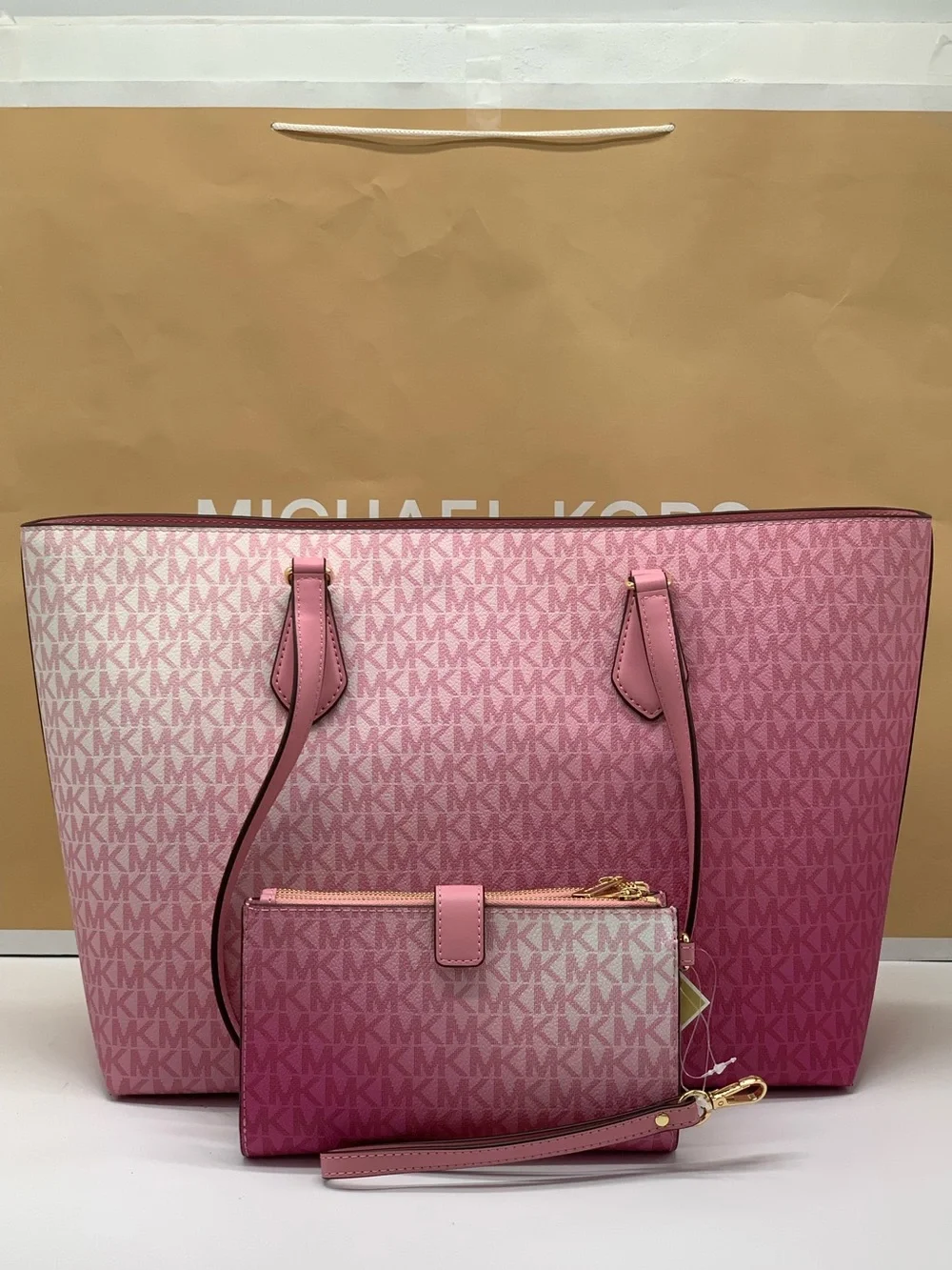Michael Kors Sheila Carnation  Ombre Signature Logo Tote with Wristlet
